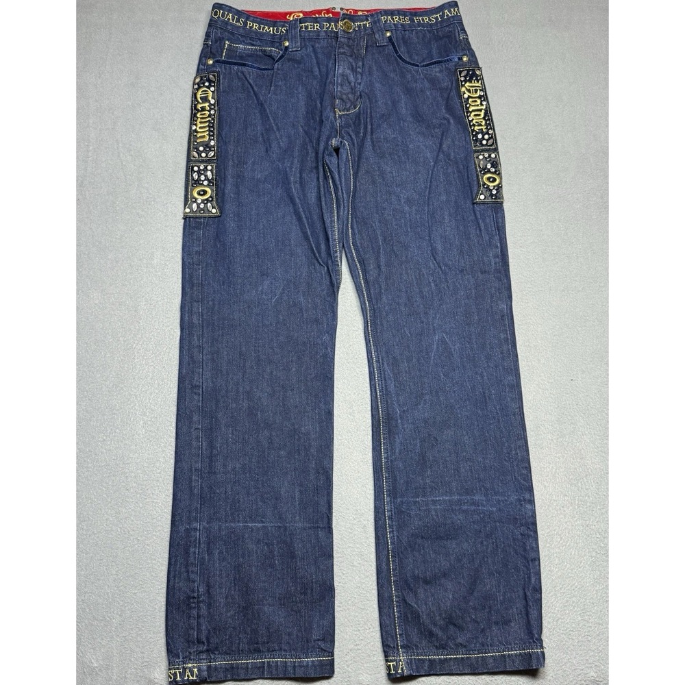 Crown Holder Jeans Mens 38x34 Studded Embroidered Designer Denim Button Fly Y2K